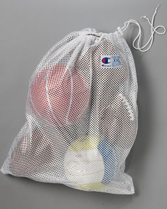 Mesh Gear Bag - Cotton mesh. Champion woven label on outside. Drawstring closure. Great for carrying athletic gear or laundry. 18"W x 24"H x 28"D.