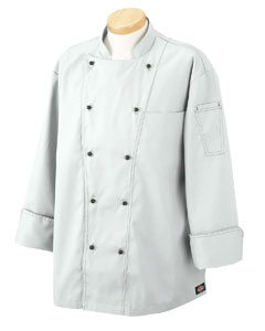 Men's Executive Chef Coat - 6.5 oz., 65/35 poly/cotton micro-stretch twill. Crisp hand. Soil-release and wrinkle-resistant finishes. Sleeve pocket. Underarm eyelets. Black detail topstitching. Black stud buttons. Machine washable.