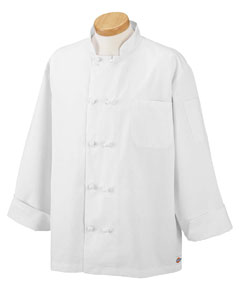 Economy Chef Coat with Knot Buttons - 7.5 oz., 65/35 poly/cotton twill. Soil-release finish. Left-sleeve and chest pockets. Side slits. 10 knot-button closure. Designed for commercial and home laundry.