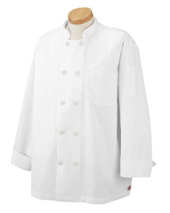 Economy Chef Coat - 7.5 oz., 65/35 poly/cotton twill. Soil-release finish. Left-sleeve and chest pockets. 10 Dickies logo flat-button closure. Dickies logo on lower left hem. Designed for commercial and home laundry.