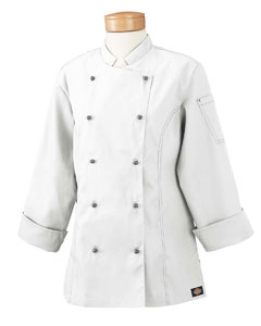Women's Executive Chef Coat - 6.5 oz., 65/35 poly/cotton micro-stretch twill. Crisp hand. Soil-release and wrinkle-resistant finishes. Sleeve pocket. Underarm eyelets. Black detail topstitching. Black stud buttons. Machine washable.