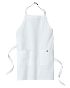 30" Bib Apron - 65/35 poly/cotton twill. Soil release finish. Two patch pockets. Dickies logo elastic at center back neck. 30" ties. Machine washable.