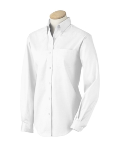 Women's Wrinkle-Resistant Blended Pinpoint Oxford - 85/15 cotton/poly. long-sleeves. Soft button-down collar. Wrinkle-resistant and stain repellent. Pearlized buttons. Reinforced left-chest pocket. Adjustable cuffs and single-button sleeve plackets. Box pleat on back. Replacement buttons. Generous fit. White is 60% cotton, 40% polyester.