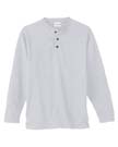 7.1 oz Cotton Deluxe Long-Sleeve Henley - 100% cotton, 7.1 oz., preshrunk. heather grey is 90% cotton, 10% polyester; fashion knit welt neck; three-button placket; high-gloss, woodtone buttons; double-needle stitching on sleeves and bottom hem.