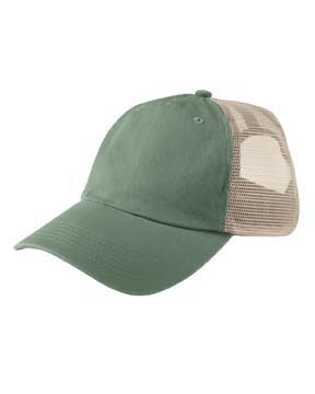 Washed Mesh Trucker Cap - 100% washed cotton twill. five-panel; unconstructed; two-twill front panels with sewn eyelets, mesh back panels; self-fabric closure with d-ring slider and tuck-in strap.