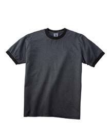 Direct-Dyed Heather Ringer T-shirt - 50% cotton, 50% polyester heather body. 100% cotton solid 1x1 rib neck and sleeves; shoulder-to-shoulder tape for added stability; double-needle stitching on bottom hem. 