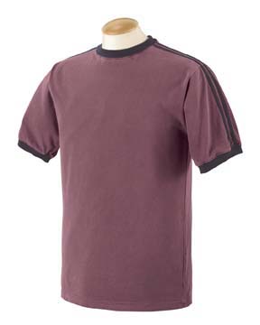 6 oz Pigment-Dyed Sport-Stripe T-shirt - 100% ringspun cotton, 6.0 oz. contrasting rib at neck and sleeves; contrasting self-fabric stripes along shoulder seams and sleeves; contrasting trim absorbs the dye and creates unique, over-dyed color combinations.