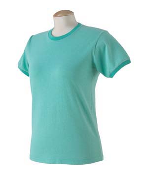 Direct-Dyed Ladies Heather Ringer T-shirt - 50% cotton, 50% polyester heather body. 100% cotton solid 1x1 rib neck and sleeves. 
