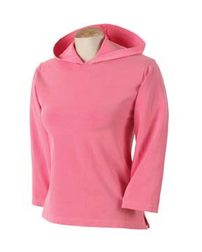 9 oz Ladies Pigment-Dyed Stretch Hooded Pullover - 95% cotton, 5% spandex sueded jersey, 9.0 oz. stretch fabric for better shape retention and movement; double-needle topstitching throughout; pullover styling with attached hood; 3/4 length sleeves; side vents.