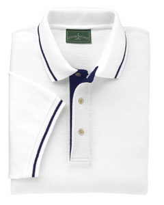 Striped Collar And Cuffs Polo - 6.8 oz., 100% ringspun cotton pique. Single-striped collar and cuffs. Contrasting three-button placket. Contoured collar. Double-needle stitched bottom.