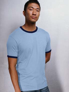 Fine Cotton Jersey Ringer T-shirt - 100% combed cotton. contrast rib binding on neck and sleeves; double-needle stitching on bottom hem. 