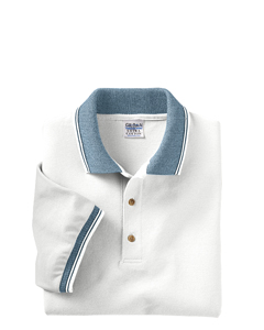 Jacquard Pique Polo with Birdseye Trim - 6.5 oz., 100% preshrunk, soft combed ringspun cotton pique. Double-striped welt collar and cuffs. Three-button placket with woodtone buttons. Double-needle stitched. Sport Grey is 90% cotton, 10% polyester.