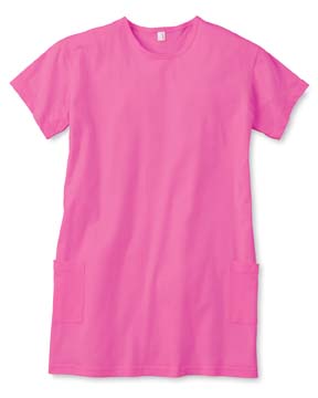 4.2 oz Cotton Scoop-Neck Short-Sleeve Dress with Pockets - 100% combed ringspun cotton, 4.2 oz., preshrunk. material is semi-sheer cotton jersey; slightly fitted silhouette; bound-on, self-trim neck; double-needle stitching on sleeves and bottom hem; side seams for a gently contoured fit; two patch pockets at sides. 