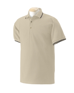 6.5 oz. Combed Ringspun Pique Polo with Pinstripe Trim - 6.5 oz., 100% preshrunk combed ringspun cotton pique. Double-striped welt collar and cuffs. Three-button placket with woodtone buttons. Double-needle stitched.