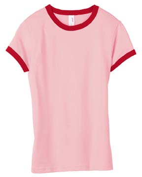 4.2 oz Semi-Sheer Ringer T-shirt - 100% combed ringspun cotton, 4.2 oz., preshrunk. double-needle stitching on neck, sleeves and bottom hem; contrasting neck and sleeves; side seamed for a slim silhouette; rib sleeves and bottom hem.