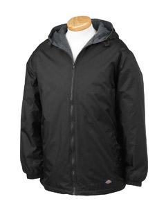 Fleece-Lined Hooded Nylon Jacket - 100% rip-stop nylon shell. 100% polyester fleece lining. Polyurethane coating and durable water resistant finish. Drawcord hood with toggles. Set-in sleeves. Full-zip front with slash hand-warmer pockets and one inside pocket. Elastic cuffs. Drawstring bottom. Dickies logo at lower left hem. Extended sizes available by special order.