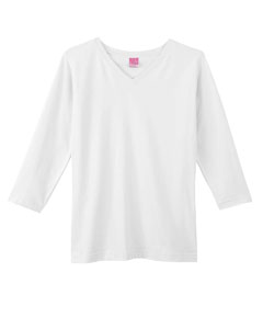 Women's Combed Ringspun V-Neck 3/4-Sleeve T-Shirt - 5.5 oz., 100% combed ringspun cotton jersey. 3/4-length sleeves. Topstitched, ribbed V-neck collar. Taped neck. Double-needle hemmed sleeves and bottom. Softly shaped for a classic, feminine fit. (White is sewn with 100% cotton thread.)
