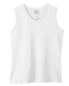 Women's Combed Ringspun V-Neck Sleeveless T-Shirt - 5.5 oz., 100% combed ringspun cotton jersey. Topstitched, ribbed V-neck collar and armholes. Taped neck. Double-needle hemmed bottom with side vents. Softly shaped for a classic, feminine fit. (White is sewn with 100% cotton thread.)