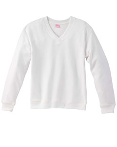 Women's French Terry V-Neck Pullover - 8 oz., 60/40 cotton/poly French terry. Topstitched 2x2 rib crossover V-neck. Back locker patch. Coverstitched 2x2 ribbed cuffs and bottom band. Coverstitched shoulder seams and armholes. Softly shaped for a classic, feminine fit. (White is sewn with 100% cotton thread.)