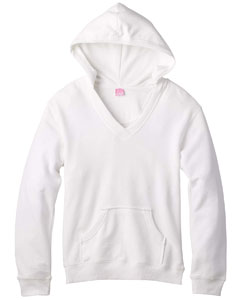 Women's French Terry V-Neck Hoodie - 8 oz., 60/40 cotton/poly French terry. Topstitched 2x2 ribbed crossover V-neck. Back locker patch. Coverstitched 2x2 ribbed cuffs and bottom band. Coverstitched shoulder seams, armholes, front pouch pocket and hood. Softly shaped for a classic, feminine fit. (White is sewn with 100% cotton thread.)