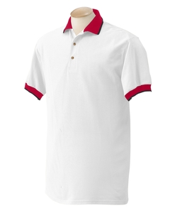 6.5 oz. Combed Ringspun Pique Polo with Wide Stripe Trim - 6.5 oz., 100% preshrunk, soft combed ringspun cotton pique with contrasting tipped welt collar and cuffs. Three-button placket with woodtone buttons. Double-needle stitched.