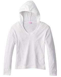 Women's Long-Sleeve Hooded Thermal T-Shirt - 6 oz., 60/40 combed ringspun cotton/poly thermal knit. Pullover hood. Topstitched V-neck. Coverstitched armholes and 3 cuffs. Double-needle hemmed bottom. Softly shaped for a classic, feminine fit.