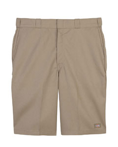 Men's Multi-Use Pocket Shorts - 8.5 oz., 65/35 poly/cotton loose fit flat front work short. Multi-use pocket on right side panel. Permanent crease. Scotchgard stain-release finish. 13" inseam. Two front and two back pockets. Zip-fly with metal hook and bar closure. Belt loops. Dickies logo on left front.