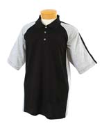 5.6 oz 50/50 Jersey Golf Shirt with SpotShield - 50% cotton, 50% polyester, 5.6 oz. Saddle raglan detail and contrasting colorblock inserts; three-button continental placket, pearlized buttons; hemmed sleeves. 