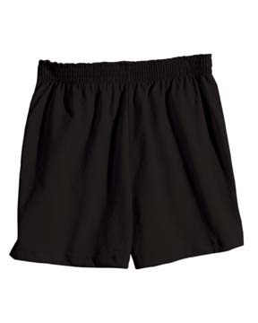 6.2 oz 50/50 Cheerleader Shorts - 50% preshrunk heavyweight cotton, 50% polyester jersey, 6.2 oz. elastic waistband with four-needle stitching reverses to white when folded over. double-needle stitched bottom hem has 2" side vents.