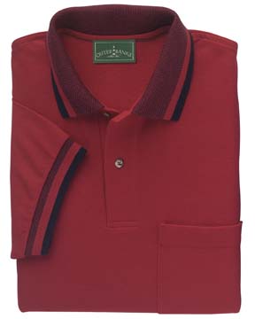 6.8 oz Cotton Piqu Pocket Polo with Striped Trim - 100% combed cotton 6.8oz. Birdseye welt-knit collar and rib cuffs; two-button placket, woodtone buttons; left chest pocket; drop tail with side vents.
