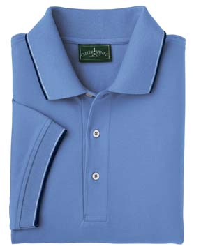 7.2 oz Cotton/Spandex Active Pinpoint Piqu Polo with Striped Trim - 95% Combed cotton, 5% spandex, 7.2 oz. Side-seemed with even finish vents; stretch and recovery fabric; three-button placket; contemporary two color stripe welt collar and cuffs; pinpoint pique for a smooth, soft feel.