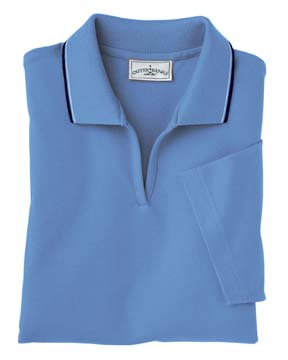 7.2 oz Cotton/Spandex Ladies Active Pinpoint Piqu Johnny Collar Polo with Striped Trim - 95% Combed cotton, 5% spandex, 7.2 oz. Pinpoint pique for a smooth, soft feel; stretch and recovery for active lifestyles; classic buttonless placket styling and hemmed sleeves.