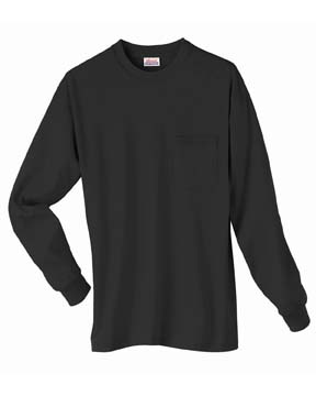 5.5 oz Comfortsoft Cotton Long-Sleeve T-shirt with Pocket - 100% cotton, 5.5 oz.  Ash is 99% cotton, 1% polyester; light steel is 90% cotton, 10% polyester; Double-needle stitching throughout; seamless rib at neck; shoulder-to-shoulder tape; rib-knit cuffs; double-needle coverseamed neck and hemmed bottom; taped shoulder-to-shoulder; sturdy 5-point pocket.