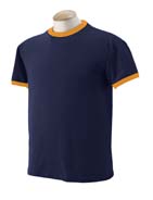 5.6 oz 50/50 Contrast Ringer T-shirt - 50% cotton, 50% polyester, 5.6 oz. Seamless body with set-in sleeves; 1x1 rib athletic set-on collar and cuffs; double-needle stitching on bottom hem. 