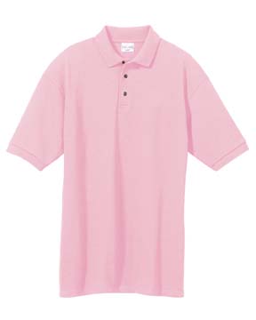 6.8 oz Cotton Piqu Knit Polo - 100% cotton; 6.8 oz. preshrunk. Double-needle stitching on bottom hem; Heather Grey is 90% cotton, 10% polyester; soft fashion knit contoured collar; three-button clean-finished placket, high-gloss woodtone buttons; welt-cuffs.
