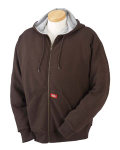 Thermal-Lined Hooded Fleece Jacket - 8.25 oz., 80/20 cotton/poly shell with a 5.5 oz., 60/40 cotton/poly Charcoal thermal lining. Front hand-warmer pockets. Ribbed knit cuffs and waist. Set-in sleeves. Dickies logo on left pocket. Extended sizes available by special order.