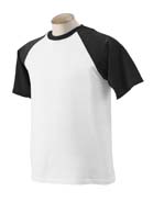 5.6 oz 50/50 Contrast Raglan T-shirt - 50% cotton, 50% polyester, 5.6 oz. Seamless body with raglan sleeves; 1x1 rib set-on collar with double-needle coverstitching; double-needle stitching on sleeves and bottom hem.