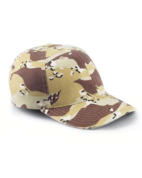 Flexfit Cotton Camouflage Cap - 98% cotton, 2% spandex. 3 1/4" crown; matching camo undervisor; low-sweep profile with soft buckram; six-panel; eight-row stitching on visor; sewn eyelets.