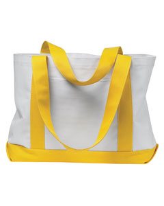 Boat Tote - 600-denier polyester/PVC. Contains 50% recycled polyester. Two self-fabric carry handles. Open front pocket. Gusseted bottom. 19"W x 12"H x 4 1/2"D.