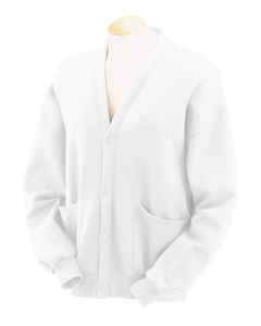8 oz., 50/50 Four-Button Cardigan - 8 oz., 50/50 cotton/poly NuBlend fleece. Double-needle topstitched placket. Coverseamed stitching on armholes and waistband. Patch pockets reinforced at openings. 1x1 rib cuffs and waistband.
