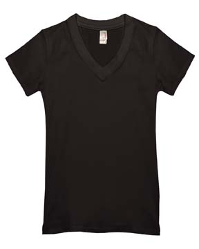 6 oz Cotton/Spandex Mitered V-Neck T-shirt - 93% preshrunk cotton, 7% spandex, 6.0 oz. double-needle stitching on sleeves and bottom hem; cap sleeves; side seamed for a slim silhouette; heather grey is 84% cotton, 9% polyester, 7% spandex.