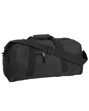 Large Square Duffel - 600 denier polyester/pvc; zippered main opening with rain cover over zipper; front zippered pocket; detachable/adjustable shoulder strap; color matching hardware; reinforced/gusseted bottom