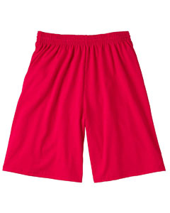 Jersey Short - Substantial 5.6 oz., 50/50 cotton/poly jersey. Covered elastic waistband with inside drawcord. 9" inseam. Double-needle hemmed bottom.