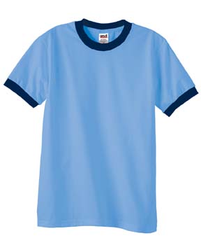 6.1 oz. Cotton Youth Ringer T-Shirt - 100% heavyweight cotton, 6.1 oz., preshrunk. contrasting neck and sleeve bands; shoulder-to-shoulder tape; double-needle stitching on bottom hem; heather grey is 90% cotton, 10% polyester.