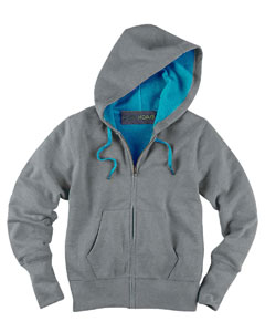 Women's Full-Zip Hoodie - 10.5 oz., 70/30 recycled cotton/recycled poly. Two-sided/two-color fleece creates unique blended color. Contrasting flat braid drawcords matching inside color. Antique brass zipper, grommets and tips. Hand-warmer patch pockets with three string detail on left pocket. Set-in sleeves. 1x1 rib waistband and cuffs. 3/8" twill tape at back of neck. Feminine fit. Extended waistband. On-seam coverstitching.