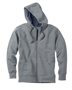 Men's Full-Zip Hoodie - 10.5 oz., 70/30 recycled cotton/recycled poly. Two-sided/two-color fleece creates unique blended color. Contrasting flat braid drawcords matching inside color. Antique brass zipper, grommets and tips. Hand-warmer patch pockets with three string detail on left pocket. Set-in sleeves. 1x1 ribbed waistband and cuffs. 3/8" twill tape at back of neck. Herringbone twill tape lines the inside of the zipper. Triple-needle topstitching at armholes and shoulders.