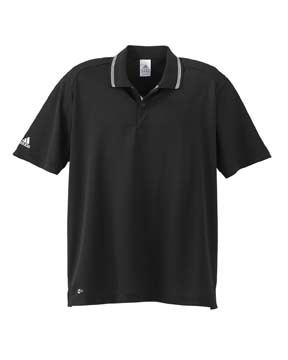 ClimaLite Mens Athletic Polo - 100% polyester. Contrast three-stripes on placket and collar; two-button placket; open-hem sleeves and self cuff; embroidered adidas performance logo on right sleeve; ClimaLite heat-sealed logo on front right hem. 