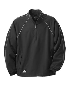 Polyester Twill ClimaProof Mens Long-Sleeve Piped Windshirt - Waterproof 100% polyester peached microfiber twill with Teflon finish and polyester mesh lining. Contrast embroidered three stripes at back of collar; contrast piping; front zip pockets; contrast adidas performance logo on right front above hem; flat front with elastic waistband and cuffs.