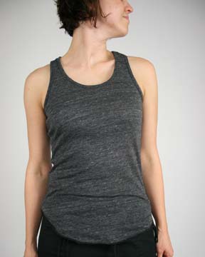 Heather Racer Tank - 38% ringspun cotton, 50% polyester, 12% rayon, 4.2 oz; perfect fit; sexy scoop front; narrow front straps lead to a wider racerback for more coverage; rounded bottom with merrowed hem; low impact yarn dyed/fabric washed; enzyme finished; side seamed