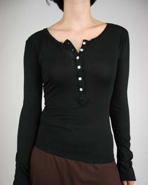 Sheer Henley - 100% ringspun pima cotton, 3.1 oz; perfect fit; long sleeves; side seamed; raw edges at sleeve hem; self fabric around neck and placket; six creamy shell buttons; fabric dyed reactive; garment washed with enzyme and silicone finish; set in sleeves